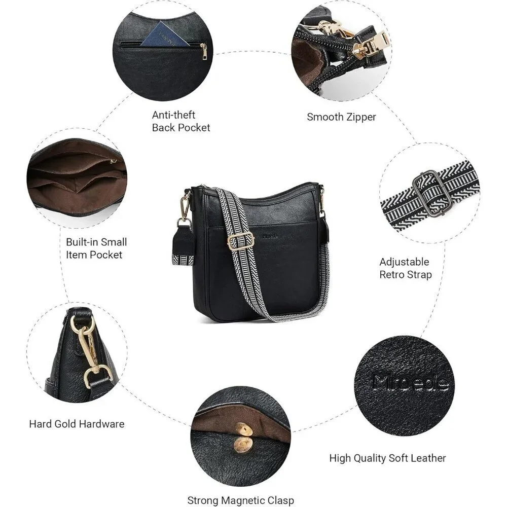 Women's 3-1 Black Vegan Leather Hobo Daily Travel Work Shoulder Crossbody Purses